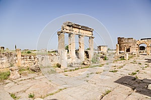 Hierapolis, Turkey. Ruins of the colonnade at Frontinus Street and Gate of Domitian, 86-87 years AD