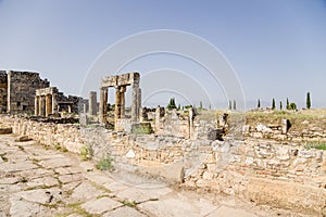 Hierapolis, Turkey. Ruins of the colonnade that runs along the ancient streets of Frontinus