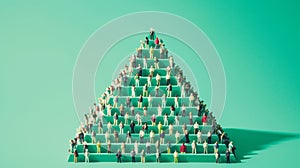 Hierarchical pyramid structure with miniature people, leadership concept