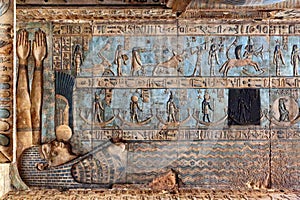 Hieroglyphic carvings in ancient egyptian temple