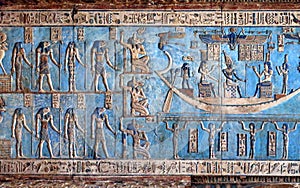 Hieroglyphic carvings in ancient egyptian temple