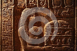 Hieroglyphic carvings in ancient egyptian temple