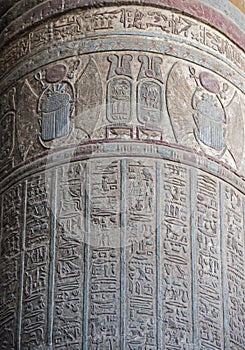 Hieroglyphic carvings on an ancient egyptian temple column