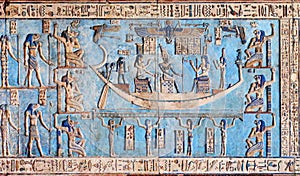 Hieroglyphic carvings in ancient egyptian temple