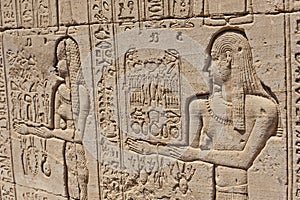 Hieroglyphic carvings on an ancient egyptian temple wall