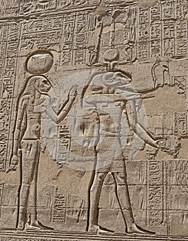 Hieroglyphic carvings on an ancient egyptian temple wall