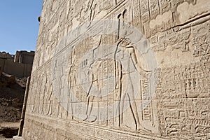 Hieroglyphic carvings on an egyptian temple wall