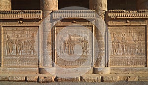 Hieroglyphic carvings on the exterior walls of an ancient egyptian temple