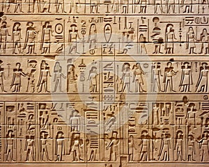 hieroglyphic carvings on the walls of an Ancient Egyptian Temple.