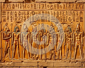 hieroglyphic carvings on the walls of an Ancient Egyptian Temple.