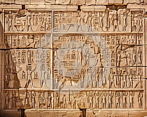 hieroglyphic carvings on the walls of an Ancient Egyptian Temple.