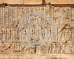 hieroglyphic carvings on the walls of an Ancient Egyptian Temple.