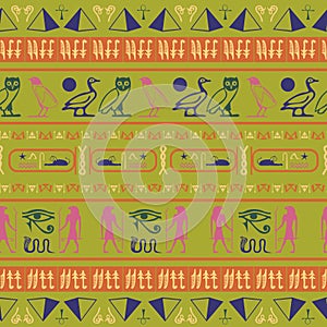 Hieroglyphic egyptian language symbols tile. Repeating ethnical fashion design