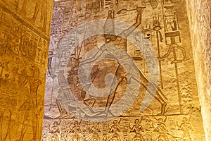 An hieroglyphic mural inside an Egyptian temple