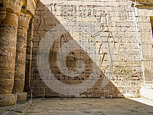A hieroglyphic storyboard at the temple ruins at Deir el-Shelwit near to Luxor, Egypt