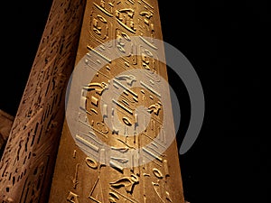 Hieroglyphics details on the great Obelisk at Luxor Temple Egypt