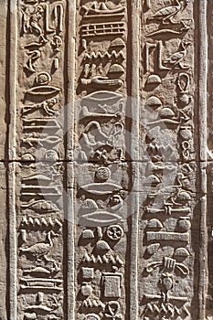 Hieroglyphics in Kom Ombo Temple, Aswan, Egypt