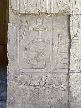 Hieroglyphics in the Temple of Hatshepsut, Luxor, Egypt.