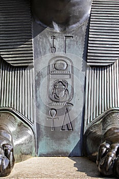 Hieroglyphs on an Egyptian Sphinx at Cleopatras Needle in London, UK