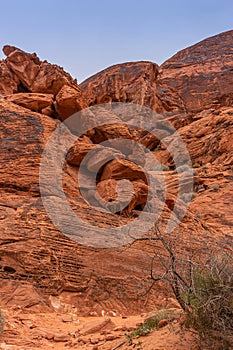 Hieroglyphs on heap of red rock bouders, Valley of Fire, Nevada, USA