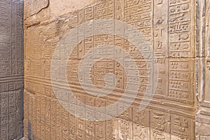 Hieroglyphs of old calendar in Ruins of the Temple of Kom Ombo in the Nile river, Egypt