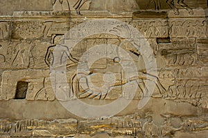 Hieroglyphs and reliefs carved into a wall at Karnak Temple (Temple of Amun) in Luxor, Egypt.