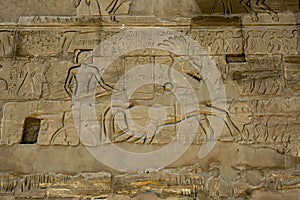 Hieroglyphs and reliefs carved into a wall at Karnak Temple (Temple of Amun) in Luxor, Egypt. photo