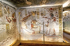 Hieroglyphs on a wall in the Valley of Kings in Luxor, Egypt