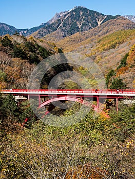 Higashizawa bridge in Yatsugatake Mountains in autumn