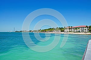 Higgs beach pier, palms, houses, sea, Key West, Keys, Cayo Hueso, Monroe County, island, Florida photo