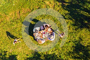 High above angle view big full family having picnic outside cheerful on holidays children playing running around