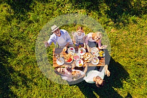 High above angle view family having picnic outdoors cheerful waving hands sunny summer day