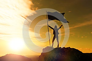 High achievement, silhouettes of the girl, flag of victory