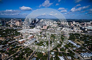 High Aerial Drone view over Austin Texas seen from East looking West photo