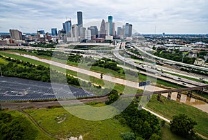 High Aerial Drone view over Houston Texas Buffalo Bayou River