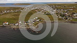 High aerial Newfoundland cinematic view of Bonavista Bay.