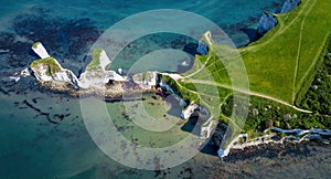 High aerial top view of the Old Harry Rocks headland