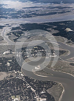 High aerial view of Beaufort, South Carolina and surrounding islands