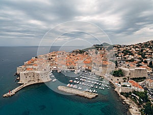 High aerial view from a drone on the coast of Dubrovnik and the old town in Croatia.