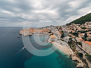 High aerial view from a drone on the coast of Dubrovnik and the old town in Croatia.