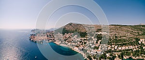 High aerial view from a drone on the coast of Dubrovnik and the old town in Croatia.