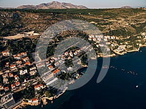 High aerial view from a drone on the coast of Dubrovnik and the old town in Croatia.