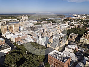 High aerial view of the historic area of downtown Savannah, Georgia, USA