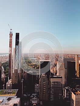 High aerial view of NYC skyline from Observation Deck.