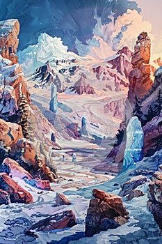 High alpine laboratory, alchemy scrolls spread around, massive glacier backdrop, twilight, ethereal lighting, wide lens
