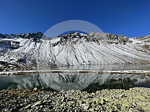 High alpine lakes Lai Nair (Black Lake or Schwarzer See) and Lai da la Scotta (Schottensee) on the pass Fluela