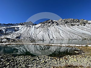 High alpine lakes Lai Nair (Black Lake or Schwarzer See) and Lai da la Scotta (Schottensee) on the pass Fluela