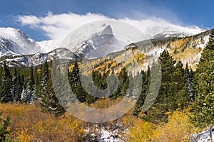 High alpine peaks within Rocky Mountain National Park after the first Fall snow storm in Colorado.