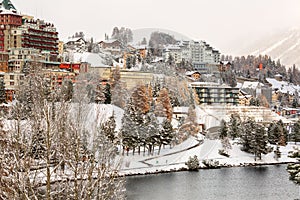 High Alpine resort town St. Moritz in winter. Canton of Graubuenden, Switzerland