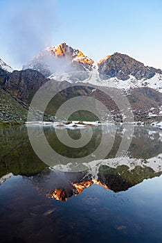 High altitude alpine lake in idyllic land with majestic rocky mountain peaks. Long exposure at dusk. Wide angle view on the Alps